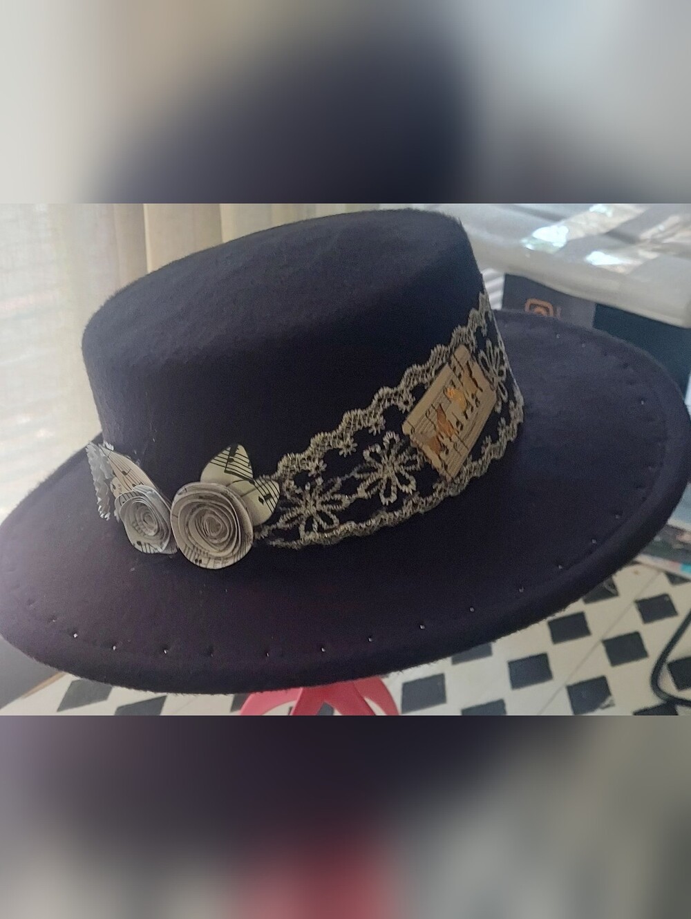 Handcrafted Black Wide-Brim  Fedora with Floral Trim